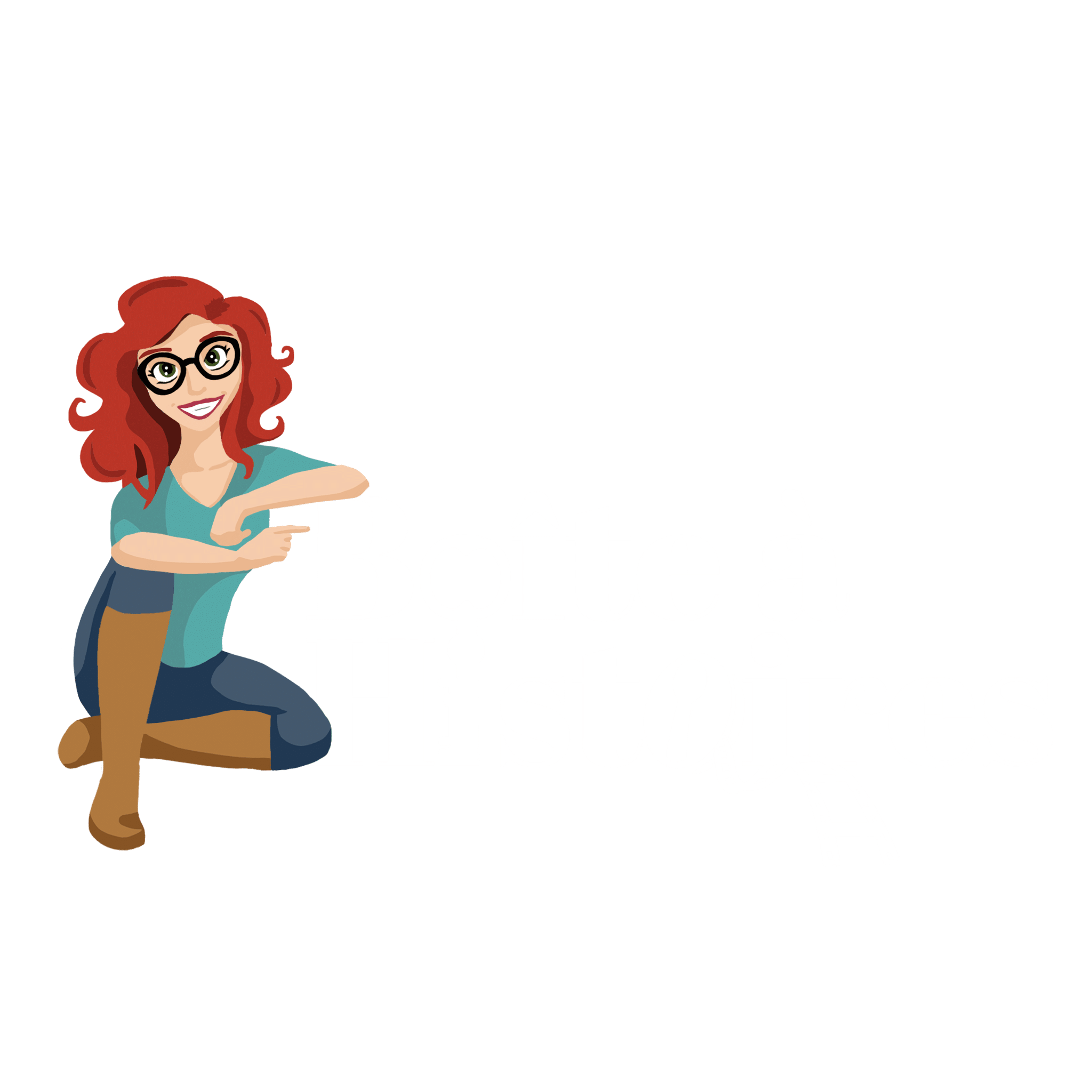 Boîte à histoires - Logo blanc : Le logo est une illustration d'une jeune femme rousse dont le bras repose sur le texte Boîte à Histoires.